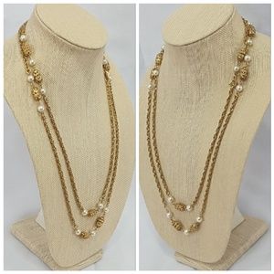 Extra long goldtone beaded necklace